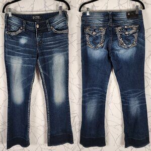 Silver Suki Dark Wash Mid Rise Bootcut Jeans Glam Bling